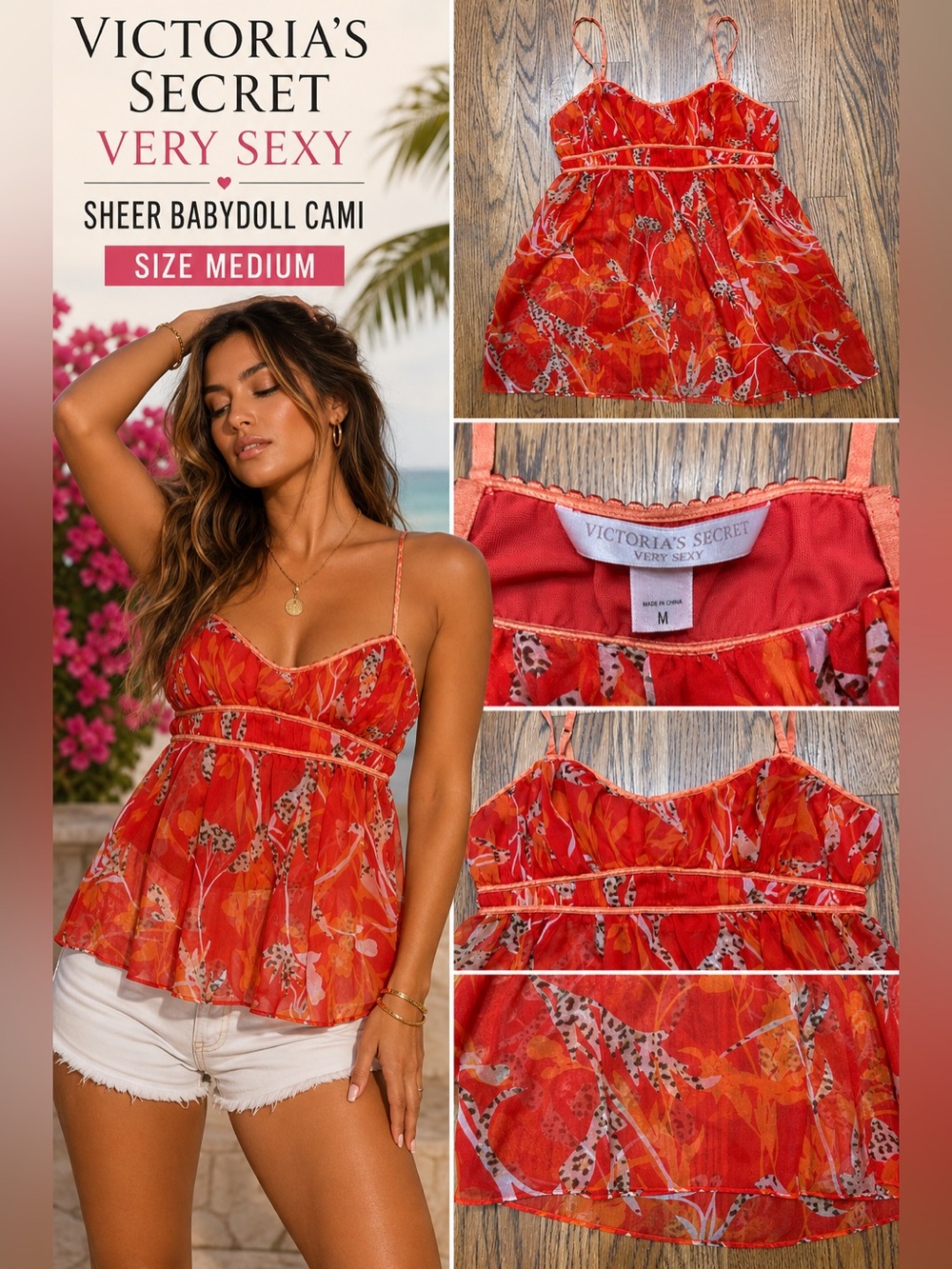 Victoria’s Secret Very Sexy Sheer Floral Babydoll Cami Top Medium Orange Red